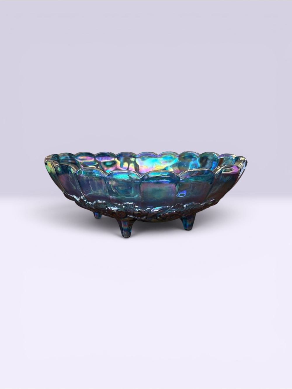 Vintage Indiana Glass Blue Carnival Glass Harvest Grape Footed Oval Bowl
